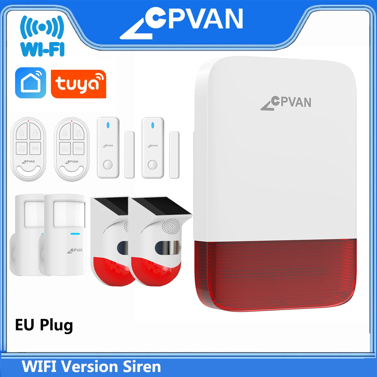 

CPVAN Беспроводная Wi-Fi сирена с высоким децибелом Водонепроницаемая встроенная батарея 5000 мАч Охранная сигнализация Поддержка вилки европейского стандарта Приложение Tuya/Smart Life