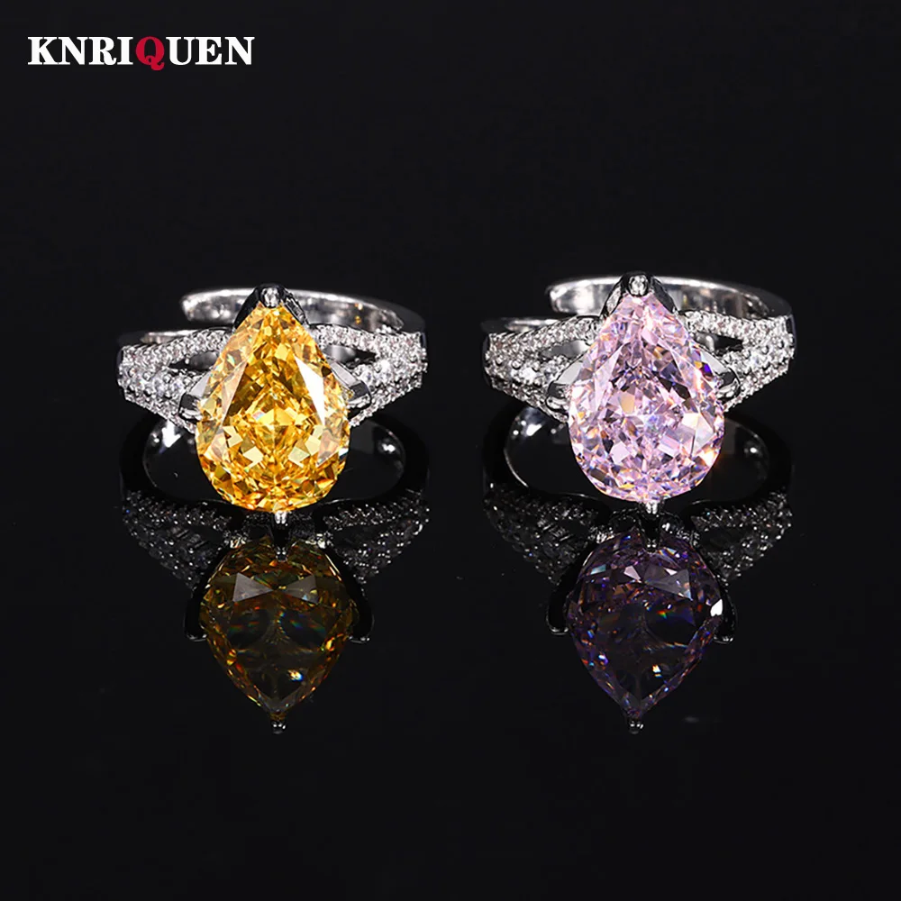 

Sparkling Iced Cut Water-Droped 10*14MM Pink Quartz Topaz Rings for Women Gemstone Wedding Ring Cocktail Party Fine Jewelry Gift