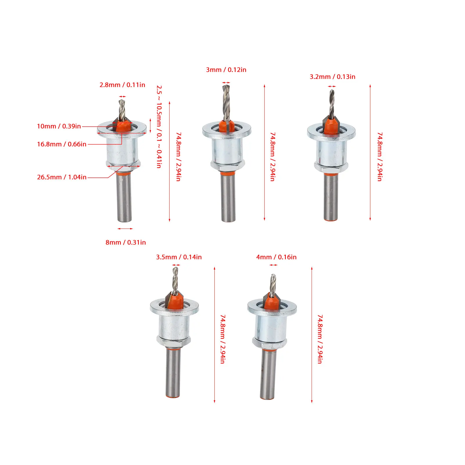 5Pcs Adjustable Depth Countersunk Bit Alloy Steel Silver Limit Taper Hole Drill for Woodworking Countersunk Bit Stopper