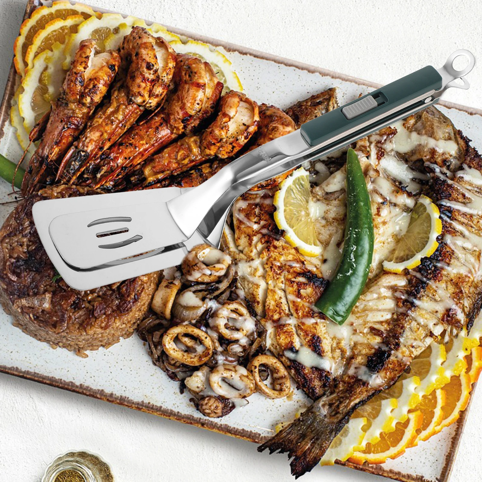 

2-in-1 Stainless Steel Spatula Tong Heavy Duty Frying Clip Steaks Non-stick Extended Lock Kitchen Essentials Practical Cooking