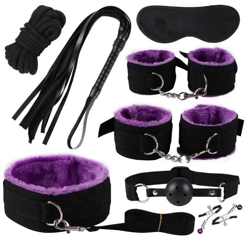 8pcs Sex Toy Kits for Couple Erotic Slave Bondage Set BDSM Soft Neck Handcuffs Adult Games Restraints Mouth Gags Nipple Clip Set