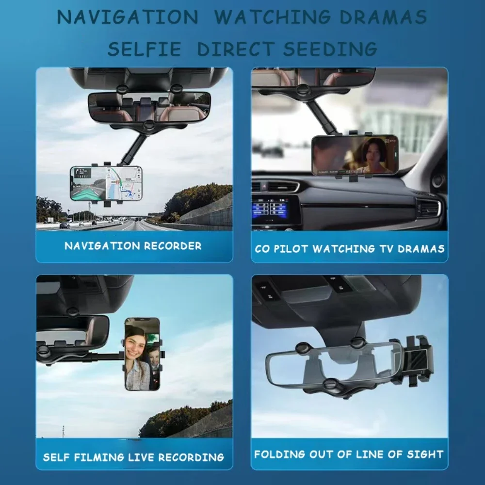 Car Phone Holder Rearview Mirror Mount Car Phone Bracket Navigation GPS Stand Foldable Adjustment Holder Cell Phone Support