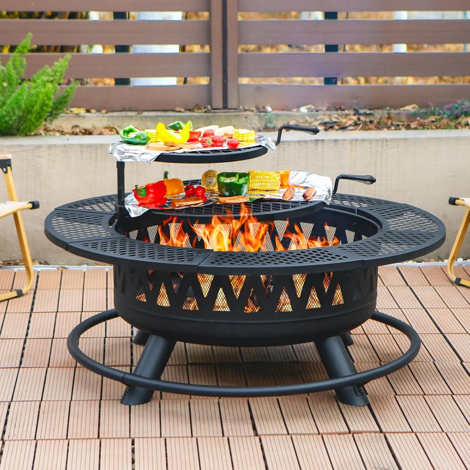 Outdoor Camping, Picnic and Bonfire 42-inch Fire Pit, Metal, with 2 Grills, Lid, 3-in-1 Round Metal Table