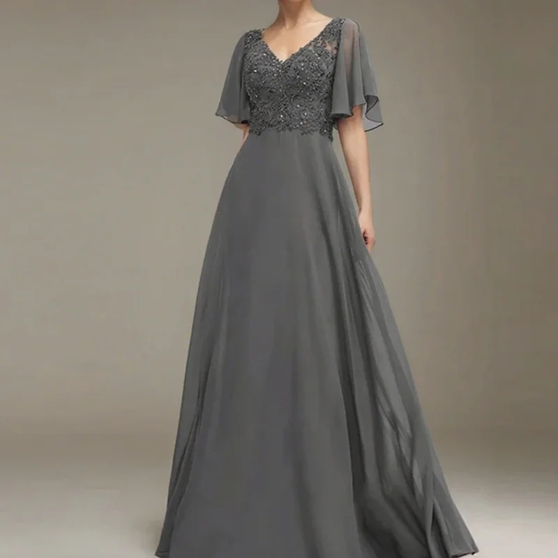 

Sequins A-Line V-Neck Long Wedding Guest Party Dresses Appliques Exquisite Mother of the Bride Dresses Customized