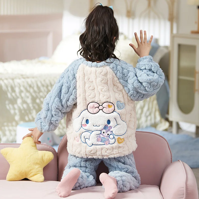 

Kawaii Cinnamoroll Kuromi 2Pcs Children Velvet Pajamas Set Anime Winter Cartoon Flannel Girls Cute Plush Thicken Warm Homewear