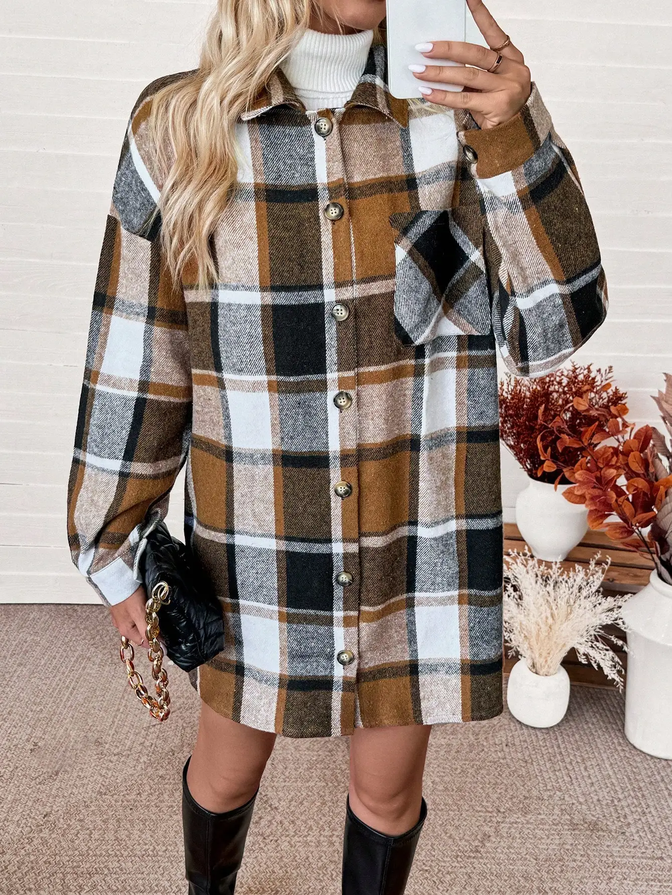 여성용 체크무늬 버튼업 셔츠 & 미니 스커트 세트, 캐주얼 가을 의상, 긴 소매 매칭 세트