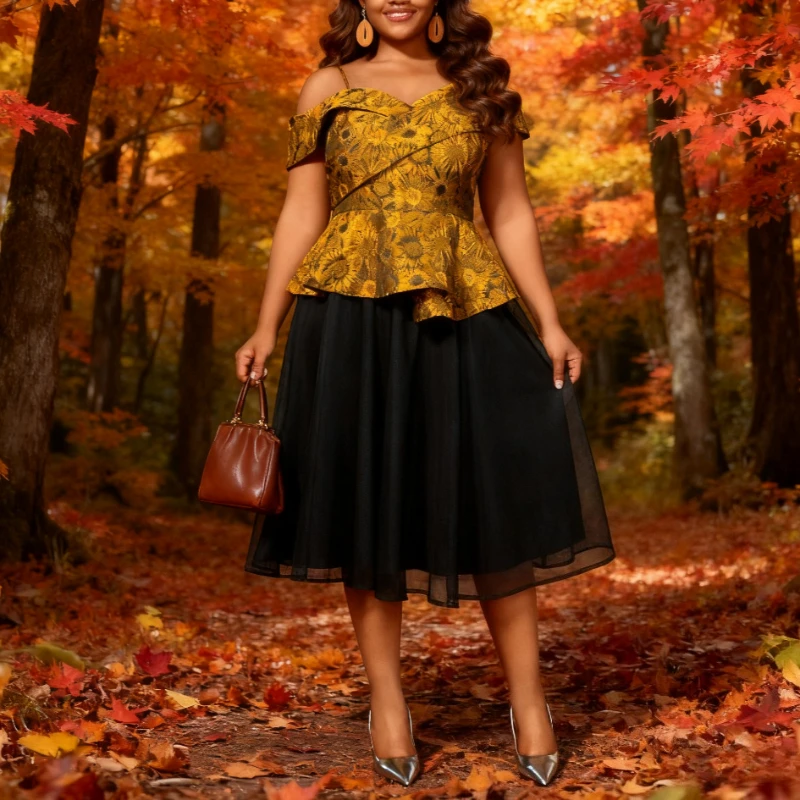 

2 Piece Sets Women Cold Shoulder Peplum Top Mesh A Line Skirt Set with Floral Jacquard for Cocktail Party and Special Occasion