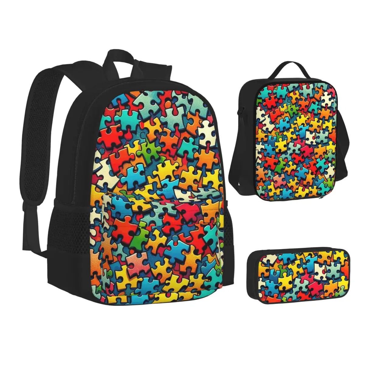 Autism Awareness Colorful Puzzle Piece Print Backpacks Bookbag School Bags Children Rucksack Lunch Bag Pen Bag Three-Piece Set