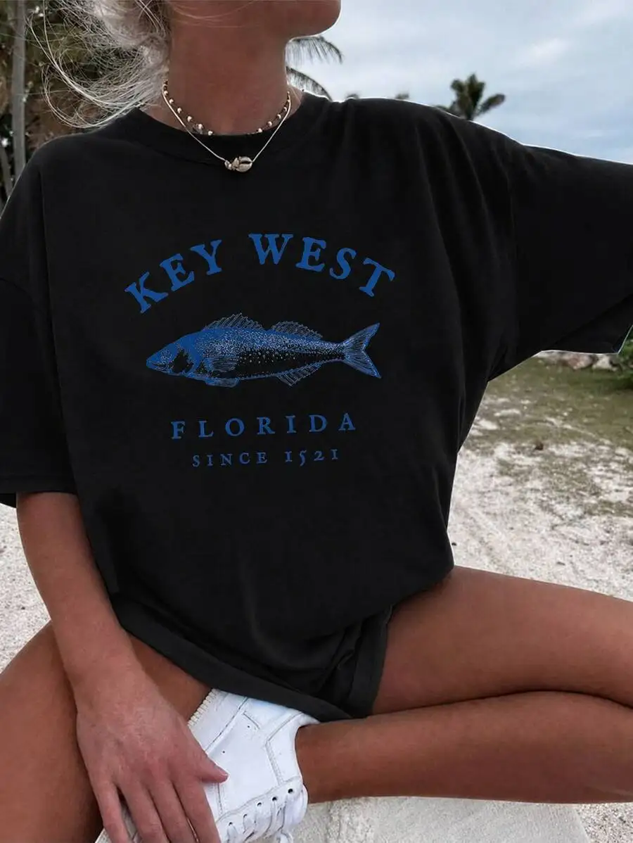 2026 Fashion New Arrival Womens Casual T Shirt Retro Fishing Fish Print Pattern 100 Percent Cotton Summer Round Neck Short Sleeve Tee Basic Top T Shirt
