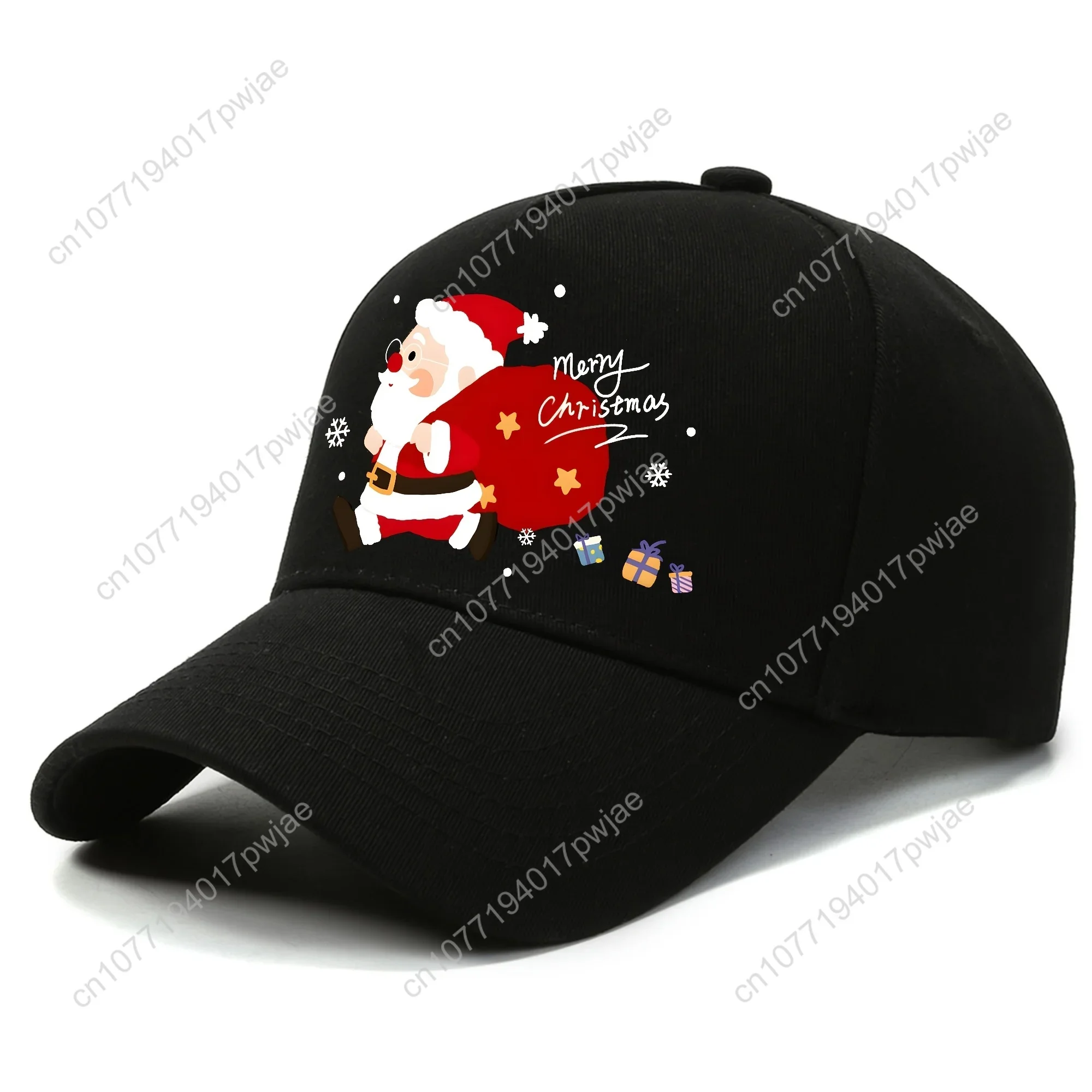 Men's Red Santa Claus Baseball Cap with White Cursive Merry Christmas Lettering & Santa Riding Sleigh Design - djustable Snapbac view 3