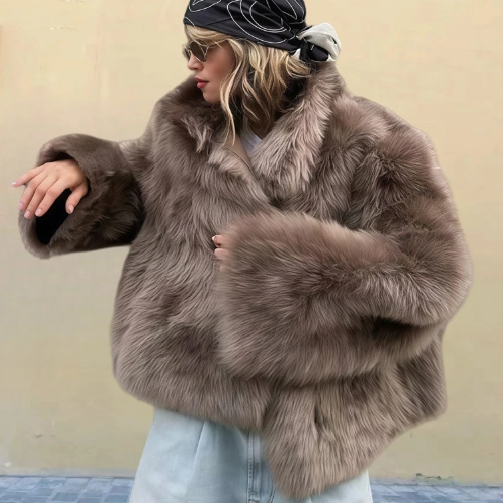 Chaqueta holgada de piel sintética con solapa para mujer, abrigo peludo de manga larga, chaquetas cortas y esponjosas de invierno, prendas de vestir exteriores de felpa de lujo, cárdigans 2025