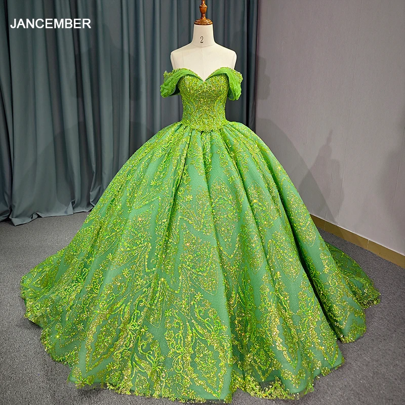 Jancember Green Quinceanera Dresses Ball Gown Off The Shoulder Tulle Appliques Mexican Sweet vestido de 15 años DY6727