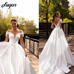 Vestido De novia elegante De línea A, cuello redondo, Apliques De encaje, manga casquillo, vestido De novia con espalda descubierta, elegante bata De Mariee hecha A medida, talla grande