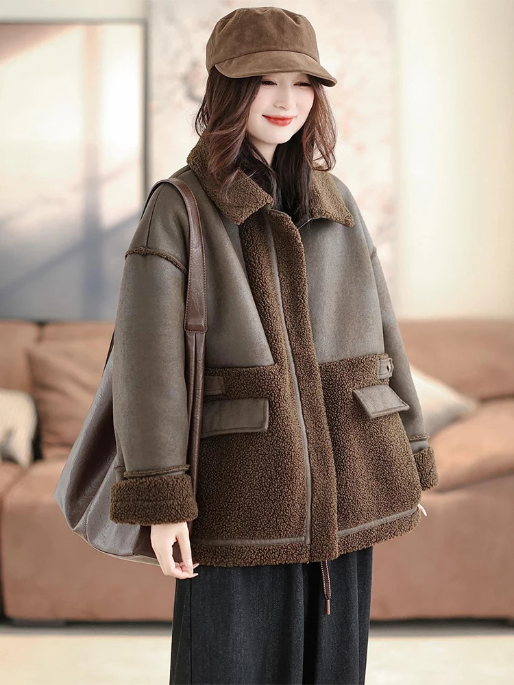 Amax LuluE European Winter Womens Fashion Warm Faux Leather Jackets Ladies Loose Casual Fur PU Coats Thicken Vintage Outerwear