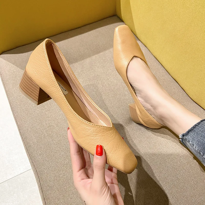 Woman Luxury Square Toe Fetish Shallow Mouth 4CM High Heel Female Black Barefoot Shoes Breathable Outside Elegant Loafers Shoes