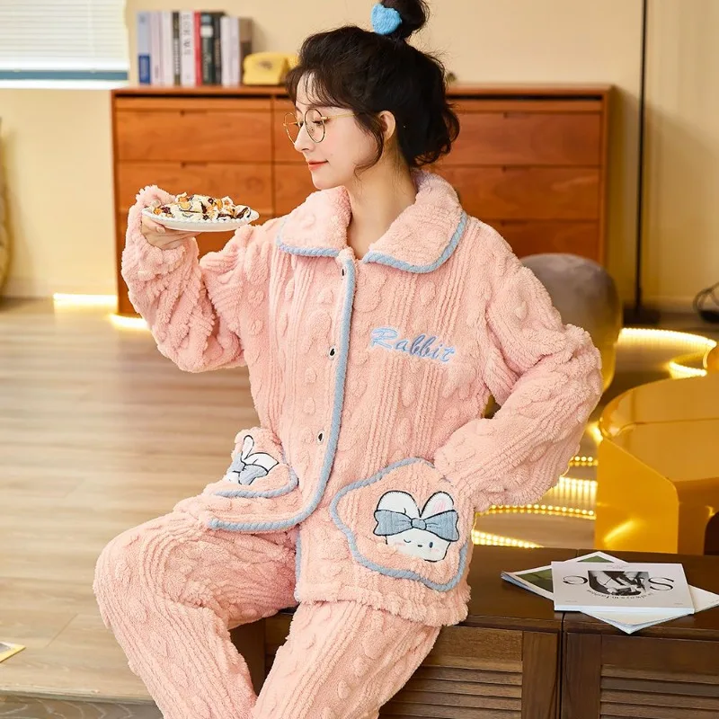 

Warm Rabbit Winter Pajamas Women's New Thickened Velvet Loungewear Set Coral Fleece Lapel Home Clothing Flannel Large Loose Fit