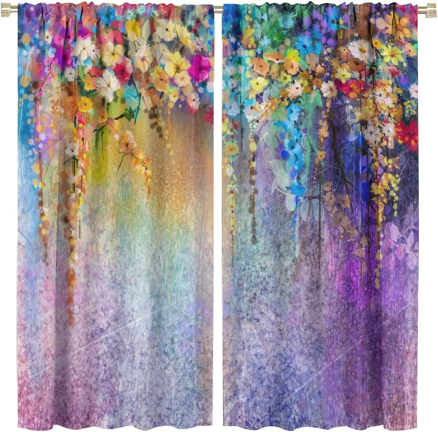 Elegant Floral Watercolor Print Curtains Pair 2pcs Boho Living Room Window Curtains Tapestry Decor for Bedroom Curtains