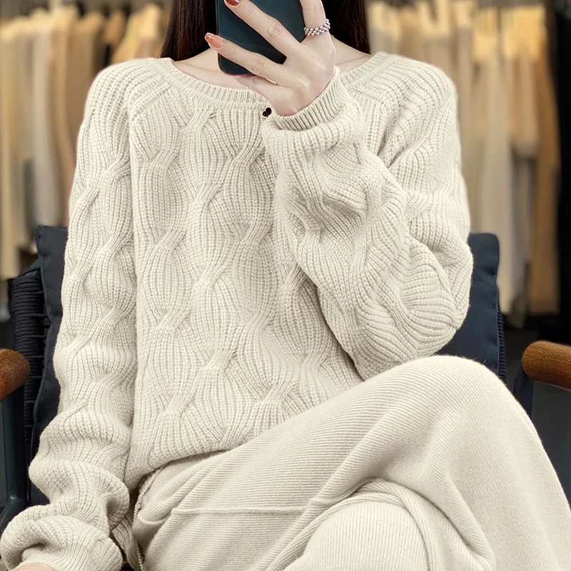 Women's pants set trendy and fashionable long sleeved knitted O-neck pullover sweater casual new 100 pure wool women's set