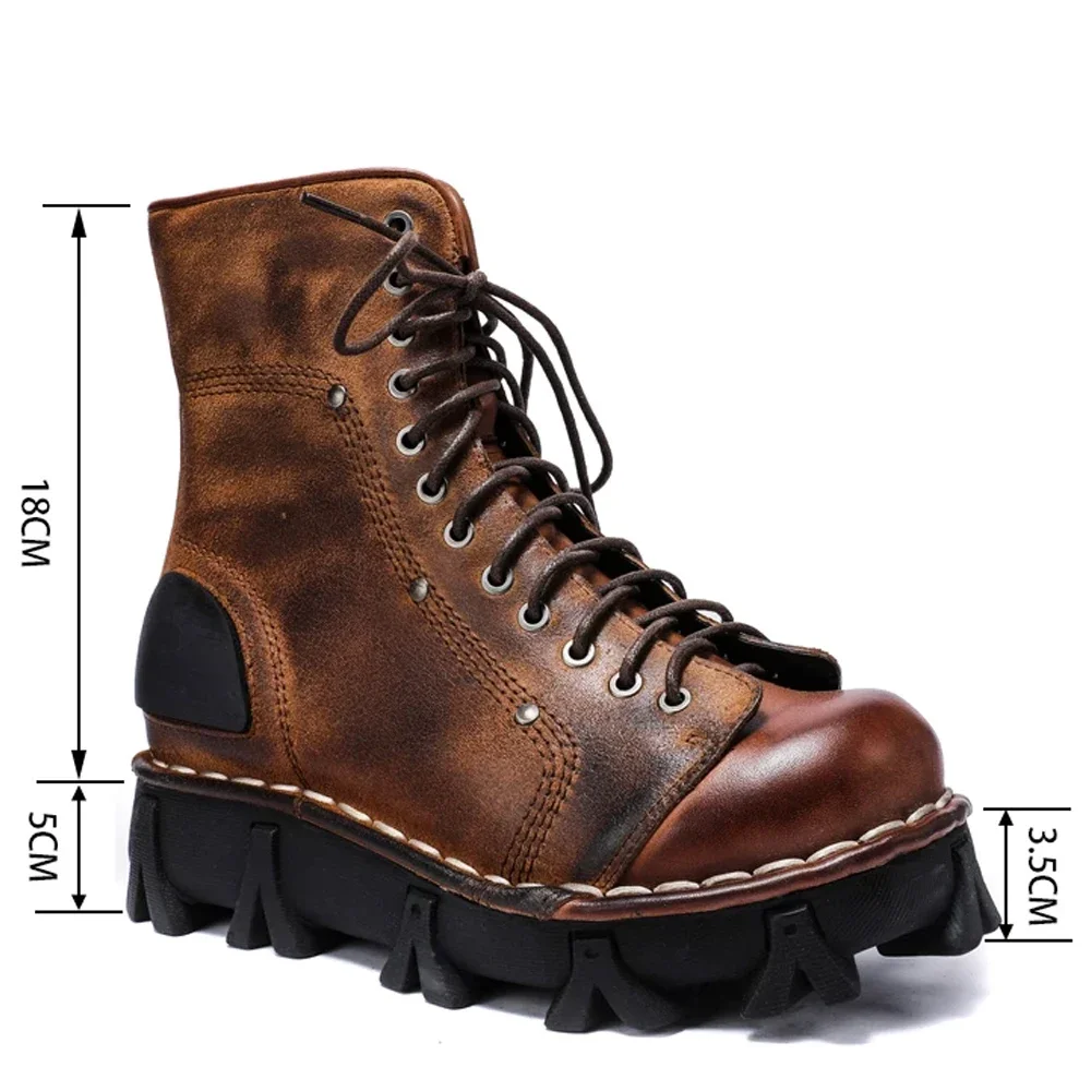 Fashion Men's Genuine Leather Motorcycle Boots Winter Western Cowboy Boots Mid-calf Skull Goth Punk Platform Hiking Boots Grey