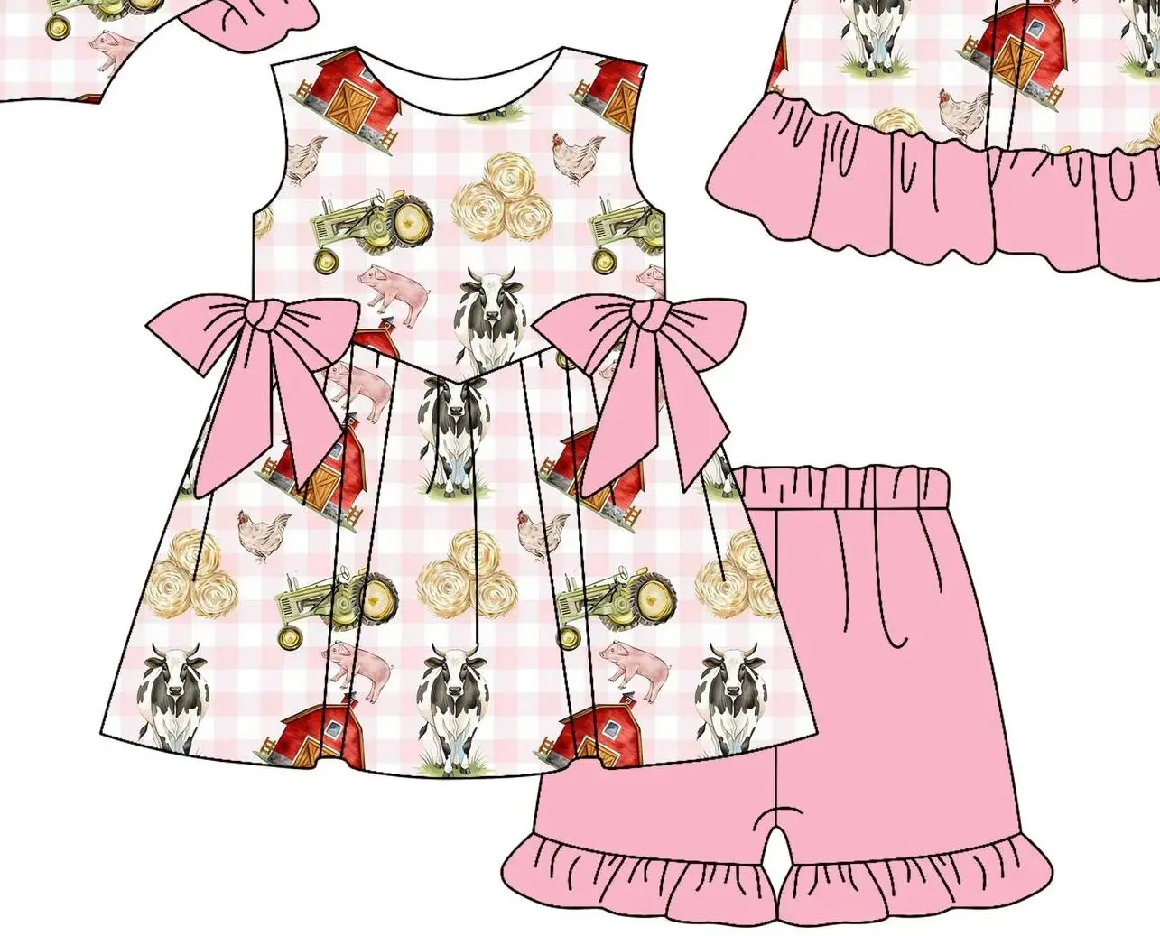 Girls Sleeveless Bow Dress Set with Farm Animal Tractors Design Wholesale Boutique Baby Romper Outfit