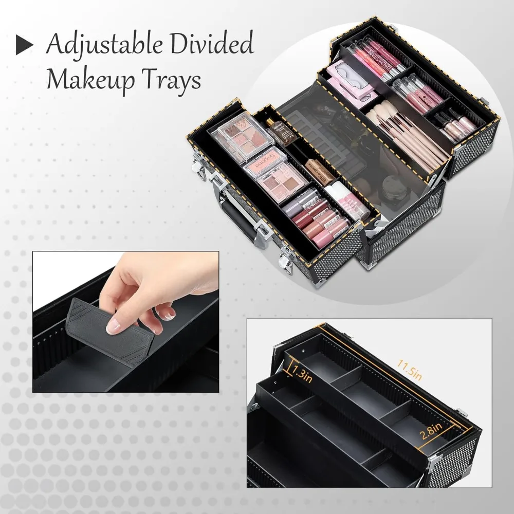 12.6 Inch Large Makeup Train Case with 4 Trays, Lockable Cosmetic Storage Organizer Box for Travel & Home Use