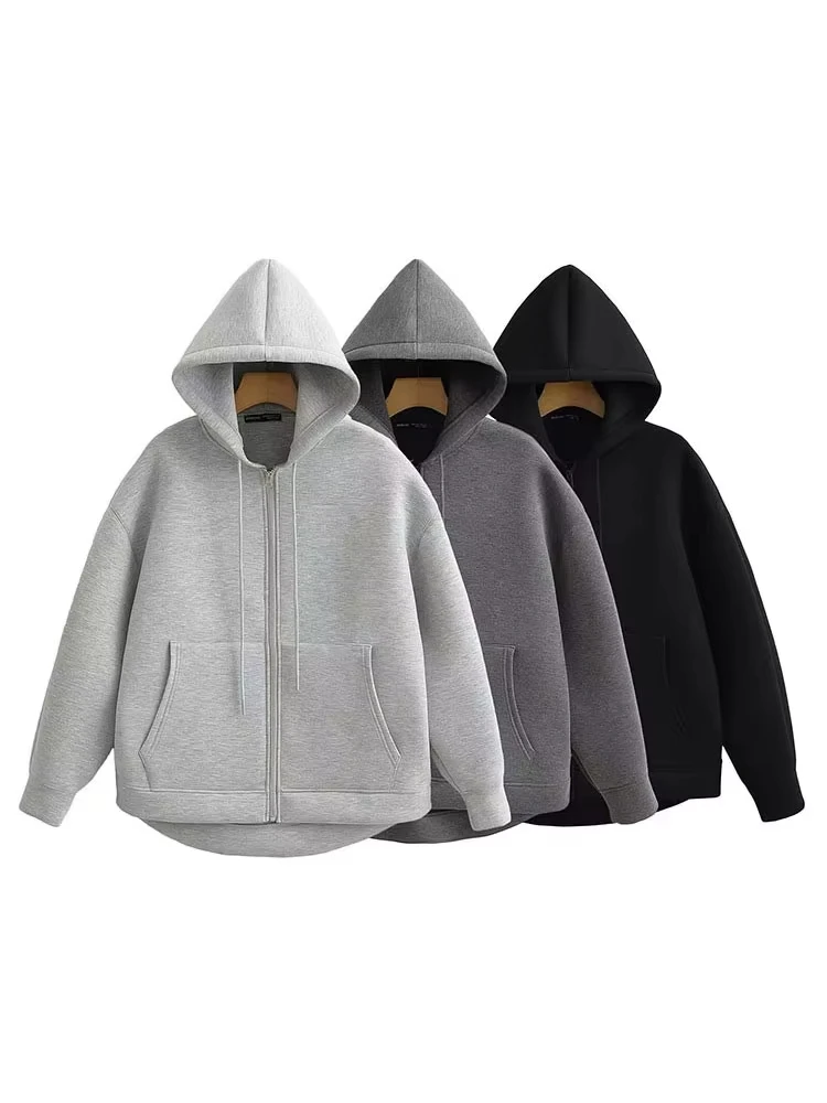 HH hiver nouveau manteau à capuche avec fermeture éclair pour femme haute rue Double poches Jakcet surdimensionné sweat-shirts amples haut d'extérieur