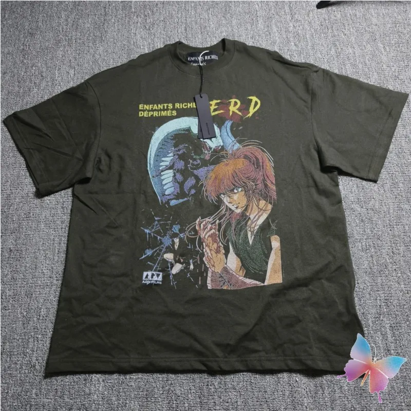 

Vintage Washed Old Street ERD T-shirt Black Cotton Anime Retro Graffiti Print Short Sleeves Tops Hiphop Loose Men Women Tshirts