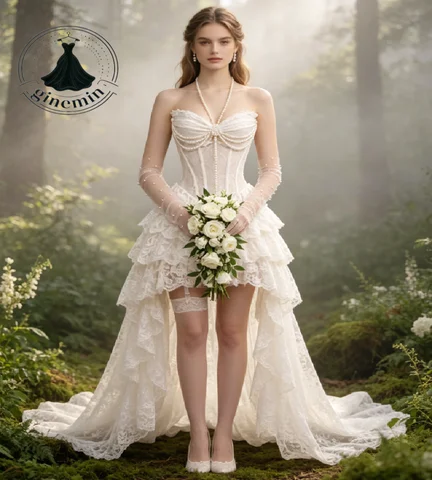 Enchanted Boho Forest Wedding Dress 2026 Pearls Halter Neck Hi Low Bohemian Bridal Dresses Full Lace Tiered Corset White Gothic
