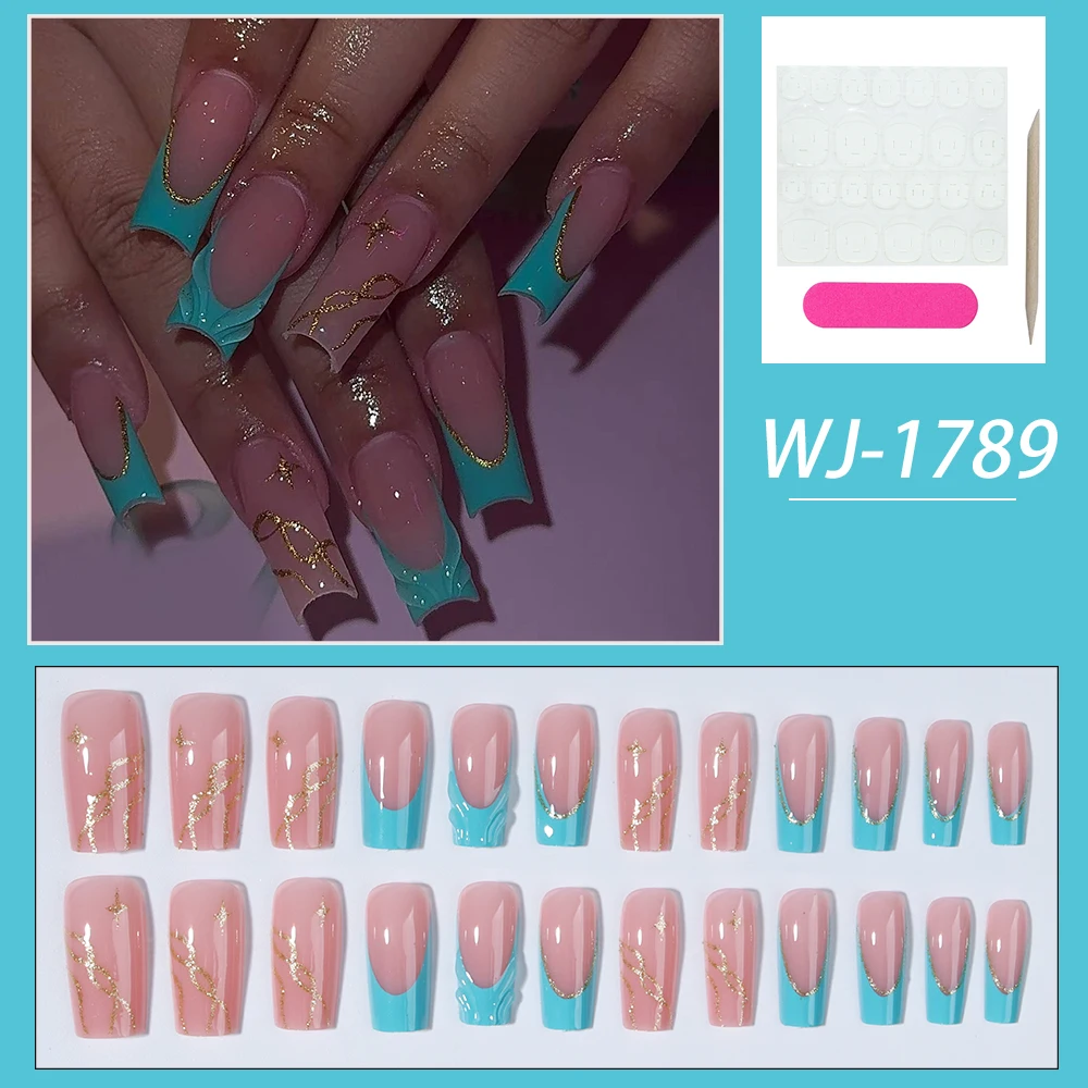 24개/세트 프레스온 네일 팁 화이트 프렌치 & 3D 젤 디자인 아크릴 인조 손톱, 완벽하게 맞고 중간 길이 디자인, 1개 J 포함