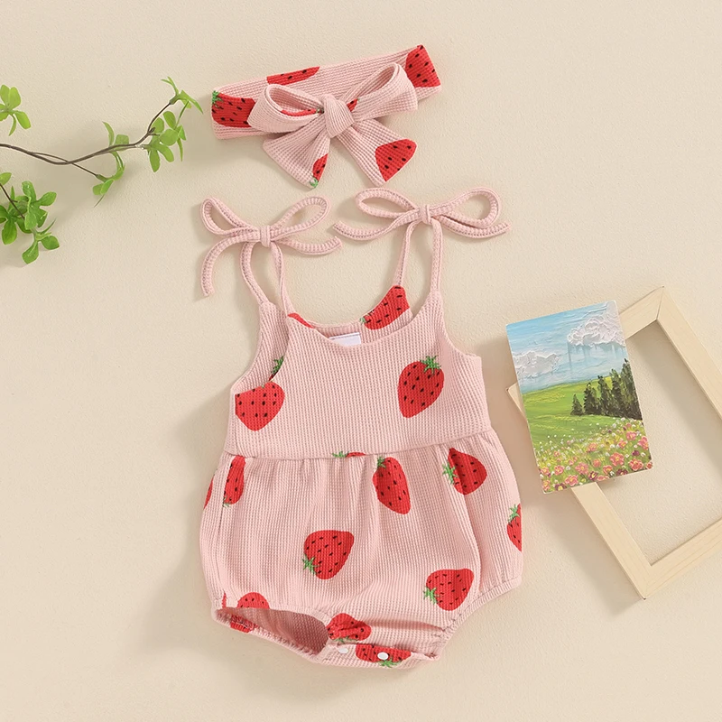 

Newborn Baby Girl Summer Clothes Strawberry Romper Sleeveless Strap Waffle Knit Bodysuit with Headband