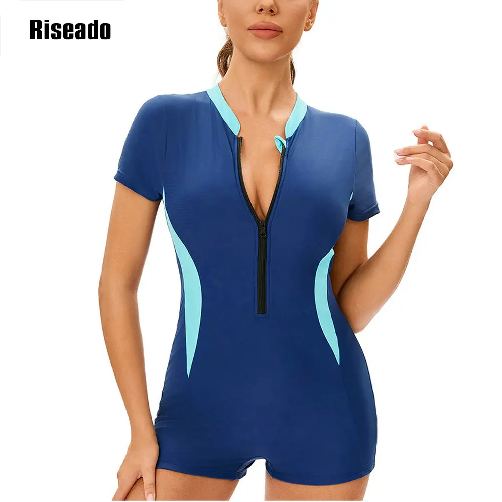 

4 Colors Bathing Suit Womens Athletic Swimwear Short Sleeve One Piece Swimsuit Full Body Modest with Zip Front