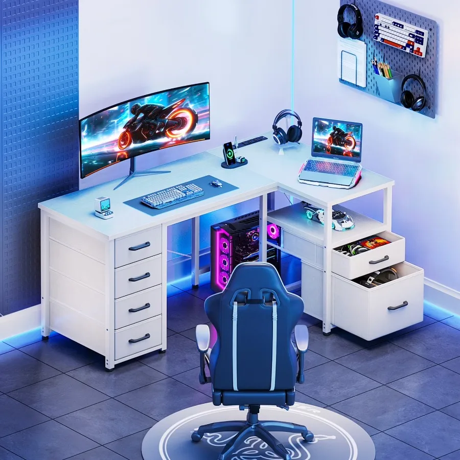 Casacomoda 55 inch Computer Desk with 5 Drawers and File Cabinet for Storage, Office Desk Storage Shelf & Power Outlets, Home