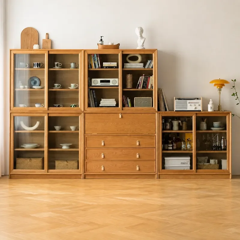Japanese Style Solid Wood Bookcase Cherry Wood Sliding Door Floor to Ceiling Storage Cabinet Dining Sideboard Living Room
