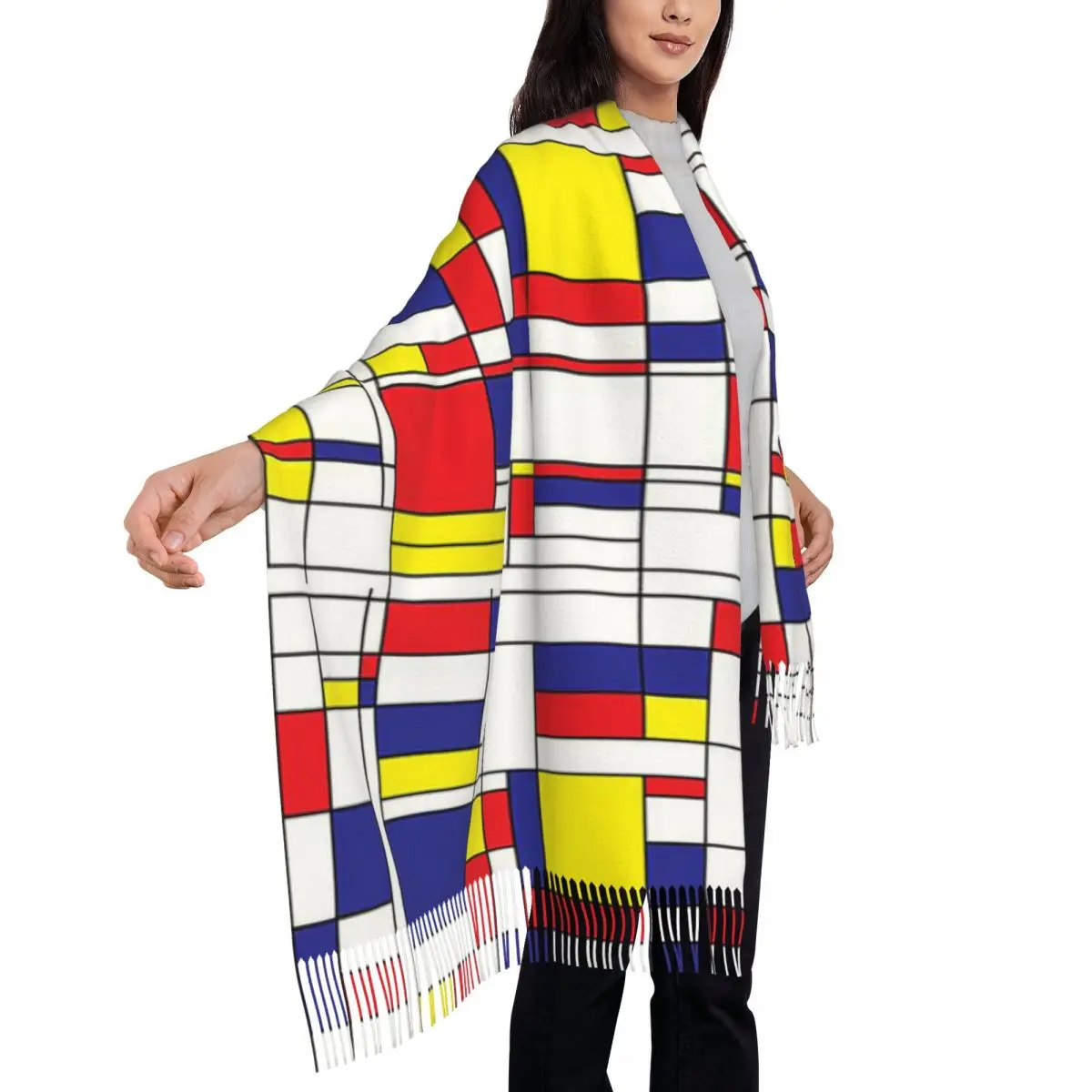 Mondrian minimalistyczny De Stijl nowoczesny szalik szaliki z frędzlami damskie miękkie ciepłe szale i chusty długi, jesienno-zimowy szal Wrap