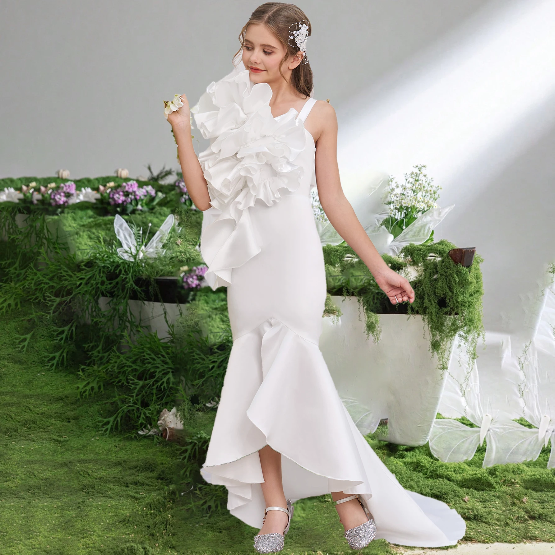 

Elegant Fold Flower Baptism Party Girl Dress Mermaid Wedding Bridesmaid Princess Prom Dresses Gala Birthday Evening Kids Clothes