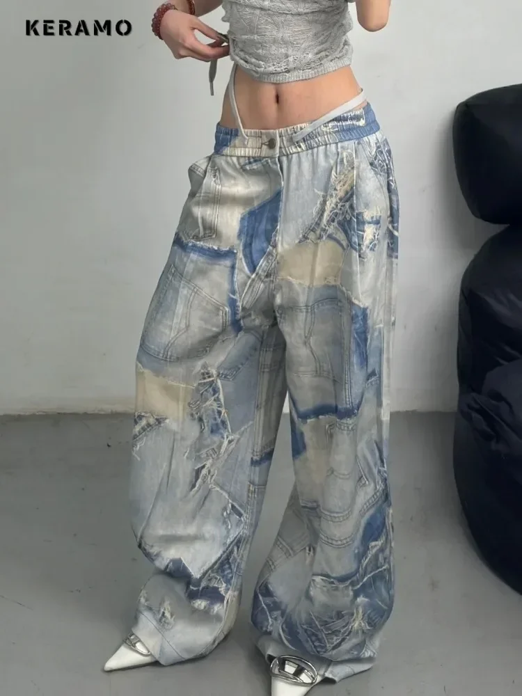 2024 Summer Women Casual Grunge Drawstring Jean Vintage Loose Aesthetic Washed Pants Y2K Elastic Waist Punk Baggy Denim Trouser