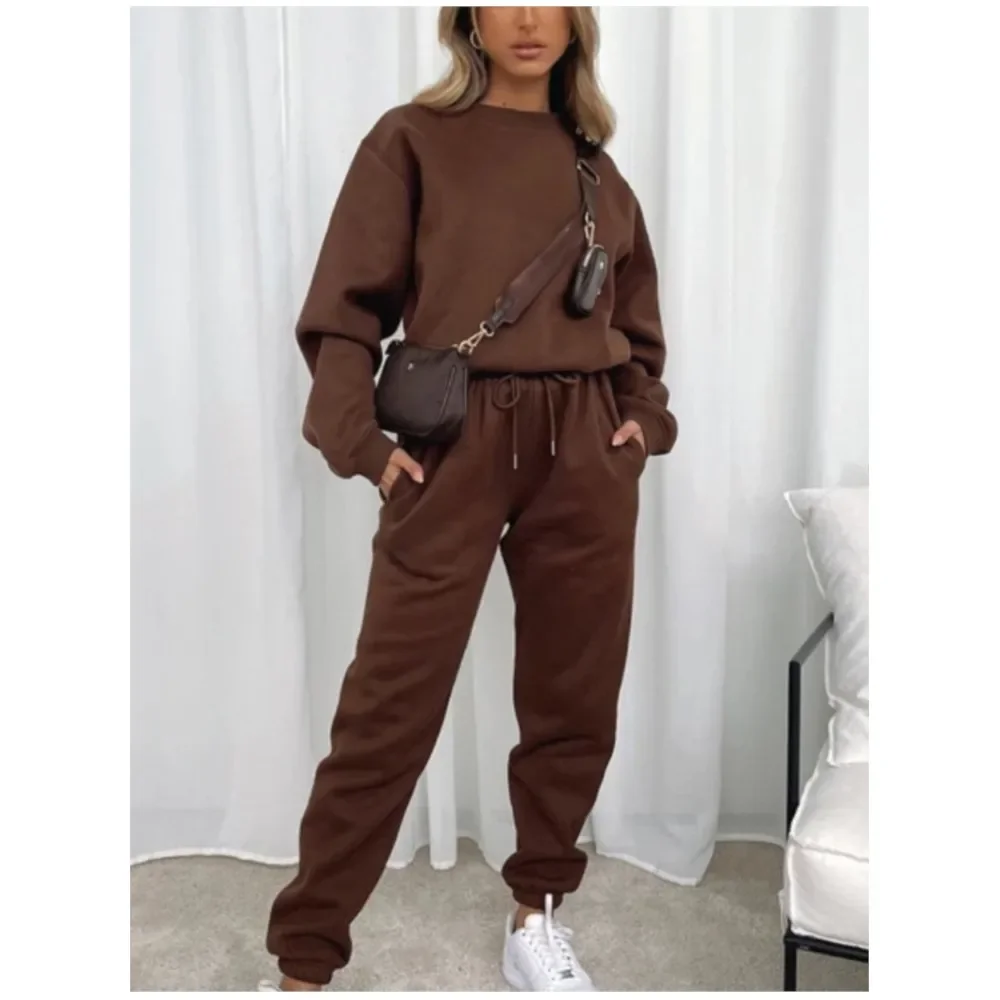 

CPSYMYM Fashion Retro Solid Color Casual Sweatshirt Pocket Pants Women's 2 Piece Autumn And Winter New Female Sports Jogging Sui