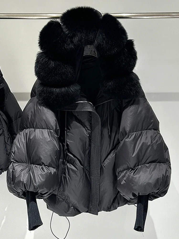 Abrigo de plumón de pato blanco de piel grande para mujer, chaqueta acolchada con capucha de piel auténtica, Parka gruesa y cálida de manga de punto, novedad de invierno de 2026