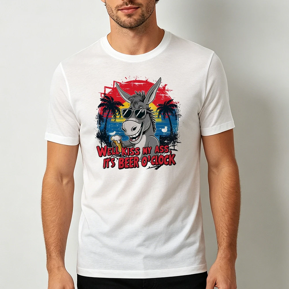Sunglasses Donkey Beer O Clock Sunset Palm Graphic Men Summer T Shirt Beach Party Funny Drinking Casual Short Sleeve Tee