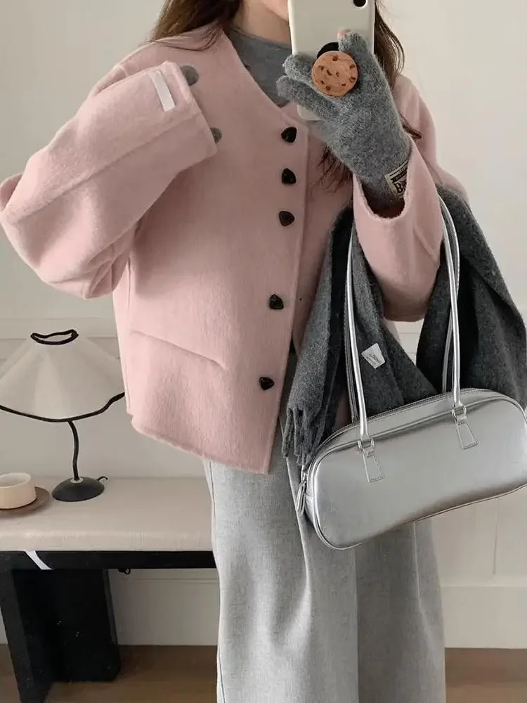 

Двустороннее шерстяное пальто, весна 2025 г., женское свободное пальто с круглым вырезом и короткими рукавами, корейская версия, простой дизайн, чистый цвет