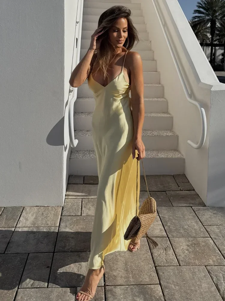 Sexy Solid Satin Strap Long Dress Women Elegant V Neck Sleeveless Backless  Sling Maxi Vestidos New 2025 Lady Evening Party Gowns - AliExpress 200000345