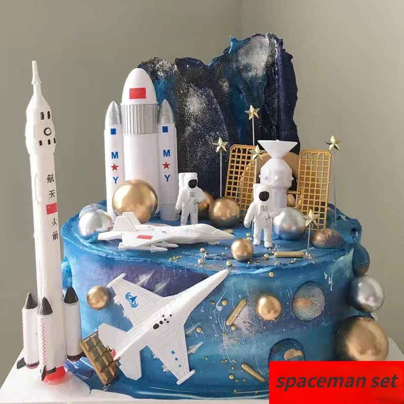 Birthday Cake Decoration Astronaut Planet Space Shuttle Rocket Model Children's Happy Birthday Cake Topper Boys Toys Set