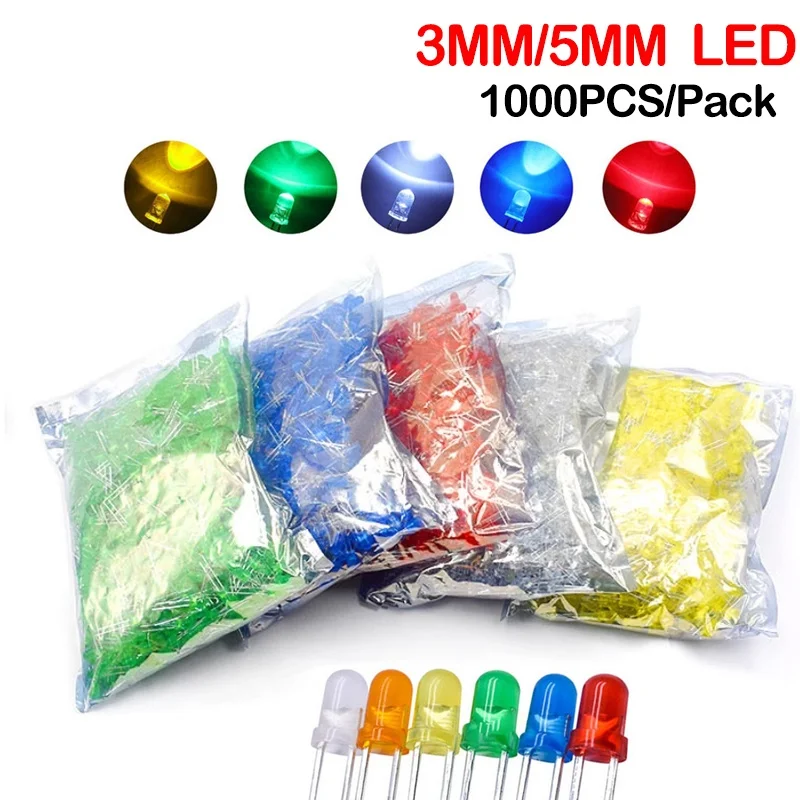 1000pcs/Wholesale F5 5MM F3 3MM Round LED Transparent Ultra Bright Green/Yellow/Blue/White/Red Light Emitting Diode