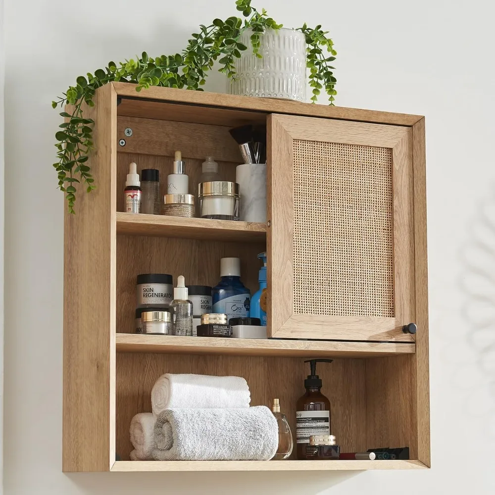 

Natural Rattan Bathroom Wall Cabinet - Modern Boho Medicine Cabinet with Door & Adjustable Shelves, Storage Cabinet Wall Mounted