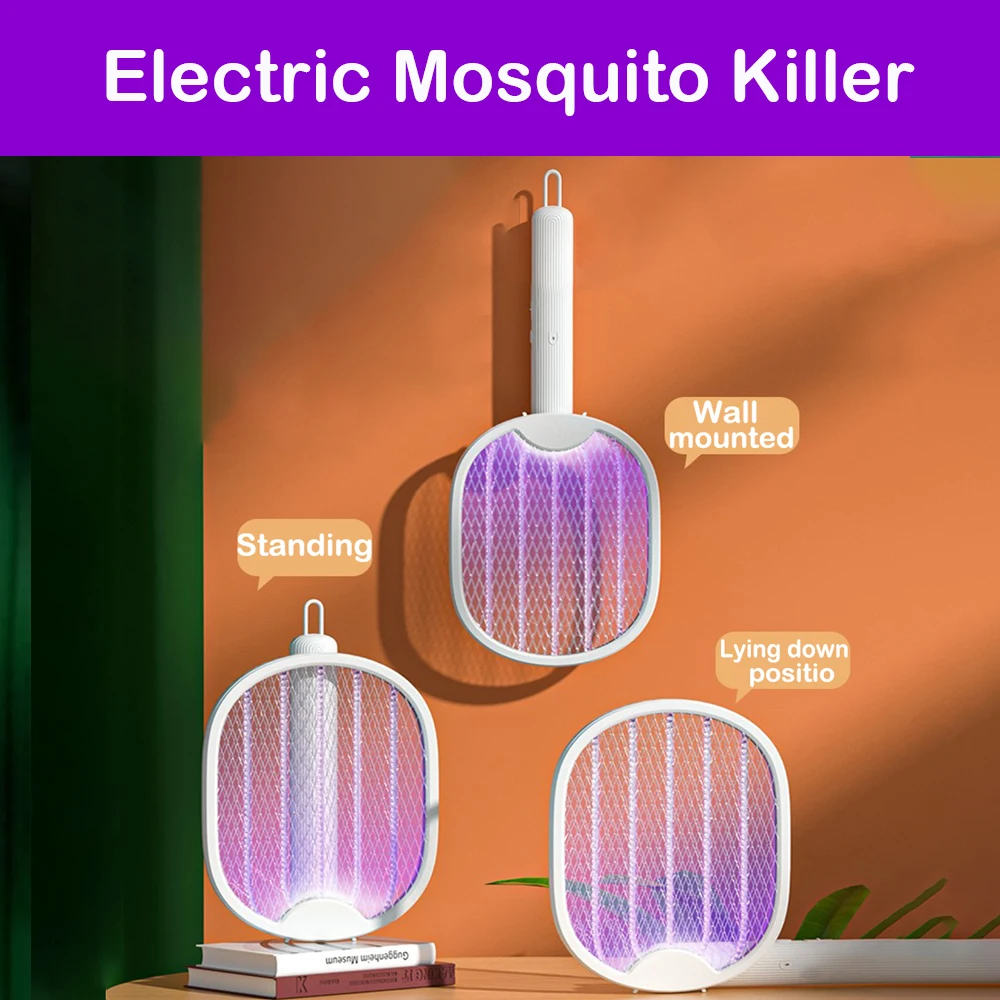 Foldable USB Rechargeable Mosquito Racket Angle Adjustable 3000V Electric Mosquito Killer With UV Light Trap Insect Exterminator