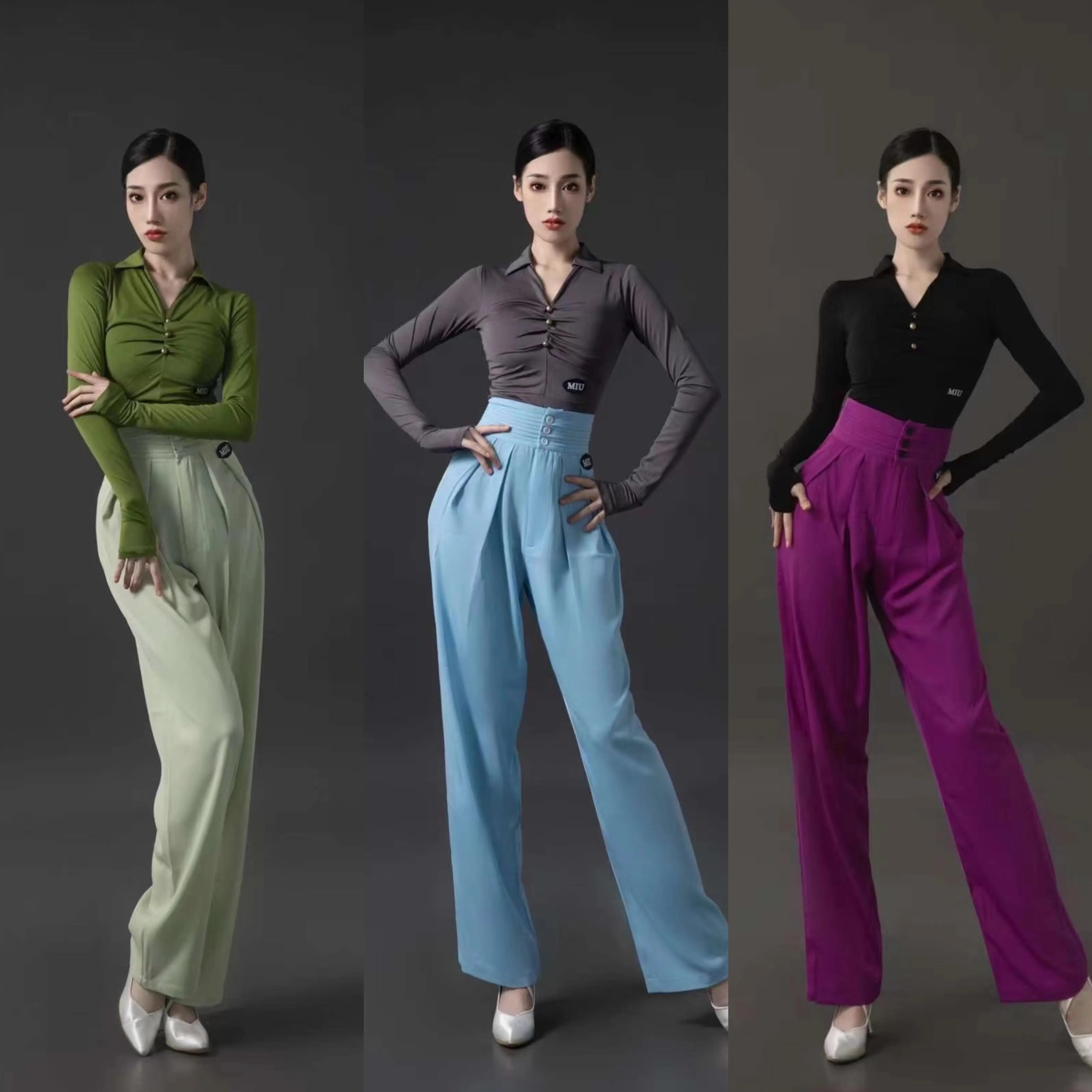 

New Latin Dance Suit For Women Modern Dance V-neck Top Pants High Waist Trousers Chacha Rumba Tango Dress Latin Clothes DN22805