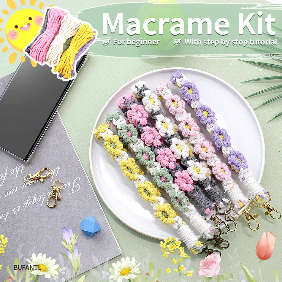 Beginner Macrame Kit DIY Braided Little Daisy Flower Wristbands Keychain with Tutorial Creative Hand Woven Key Chain Crafts