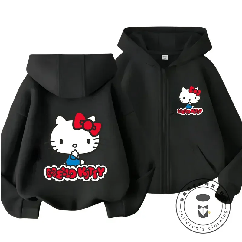 2024 New Fashion Hoodie Hello Kitty Cartoon Anime Boys and Girls Sweatshirt Autumn and Winter Pink Kawaii Cute Soft Zipper Tops