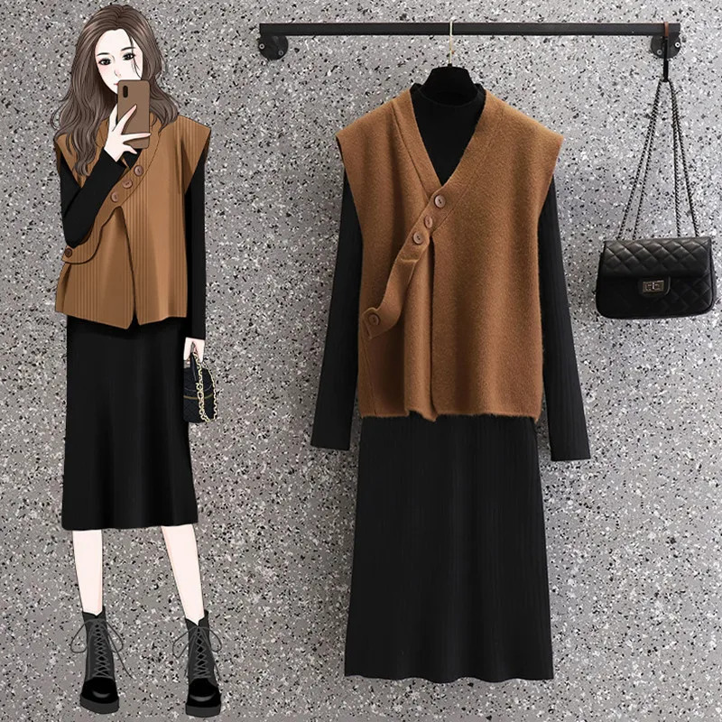 Autumn Winter Elegant Knit Two-piece Set For Women 2023 Vest Tops And Half Turtleneck Dress Female Casual Large Size Black Suits