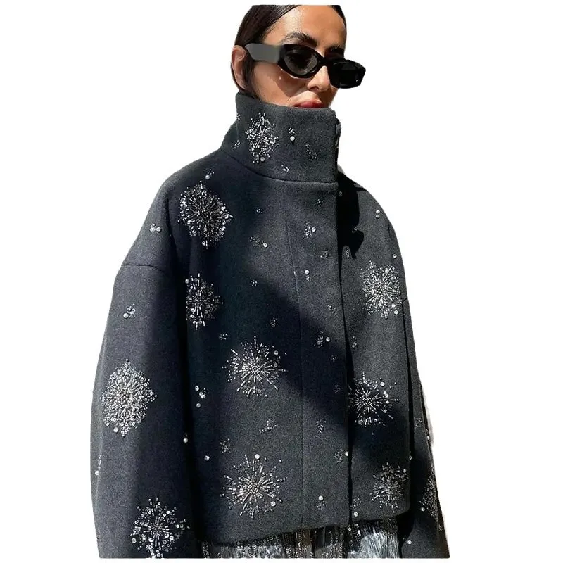 Women's Clothing Autumn Winter Women's Jacket Street Loose Single-breasted Stand-up Collar Flowers Sequins Jacket Design Coat